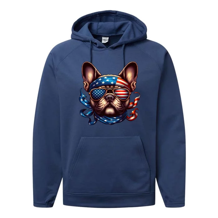 French Bulldog American Usa Flag Sunglasses 4th Of July Great Gift Performance Fleece Hoodie