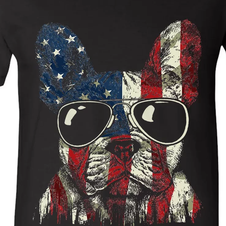 French Bulldog American USA Flag 4th Of July Frenchie V-Neck T-Shirt