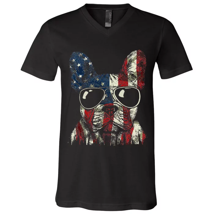 French Bulldog American USA Flag 4th Of July Frenchie V-Neck T-Shirt