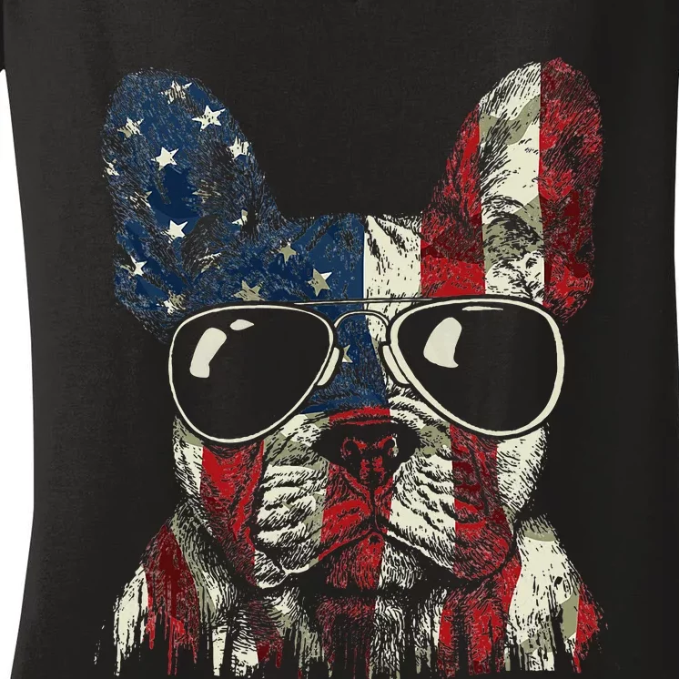 French Bulldog American USA Flag 4th Of July Frenchie Women's V-Neck T-Shirt