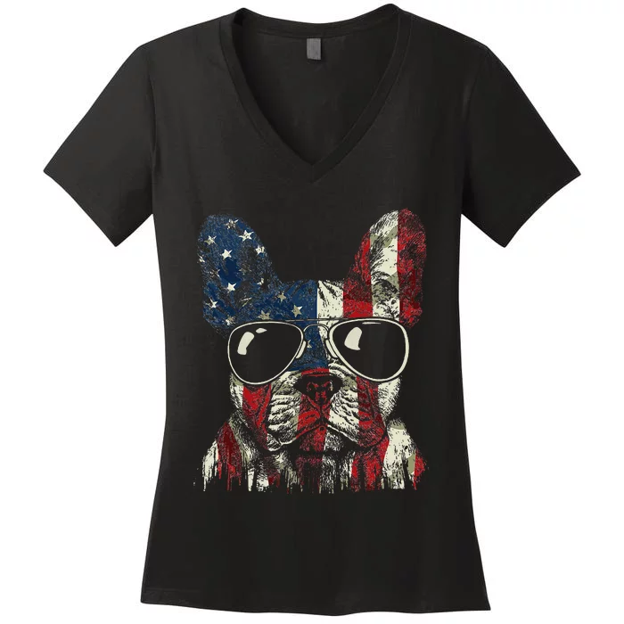 French Bulldog American USA Flag 4th Of July Frenchie Women's V-Neck T-Shirt