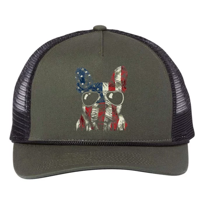 French Bulldog American USA Flag 4th Of July Frenchie Retro Rope Trucker Hat Cap