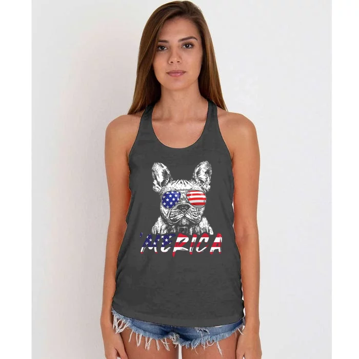 French Bulldog American USA Flag Merica 4th Of July Frenchie Women's Knotted Racerback Tank