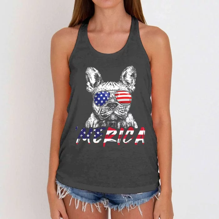 French Bulldog American USA Flag Merica 4th Of July Frenchie Women's Knotted Racerback Tank