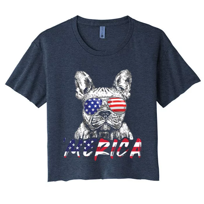 French Bulldog American USA Flag Merica 4th Of July Frenchie Women's Crop Top Tee