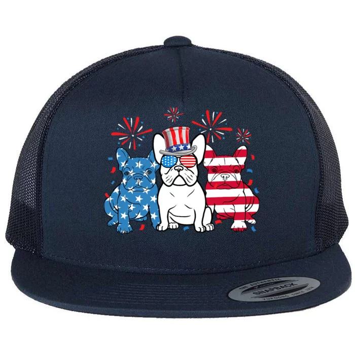 French Bulldog American Flag Fireworks 4th Of July Dog Lover Flat Bill Trucker Hat