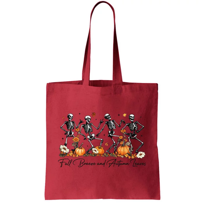 Fall Breeze And Autumn Leaves Skeleton Dancing Halloween Tote Bag