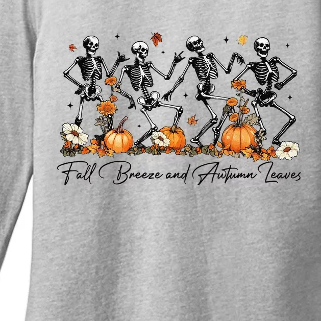 Fall Breeze And Autumn Leaves Skeleton Dancing Halloween Womens CVC Long Sleeve Shirt