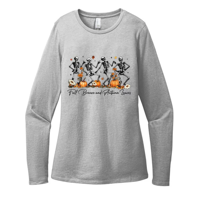 Fall Breeze And Autumn Leaves Skeleton Dancing Halloween Womens CVC Long Sleeve Shirt