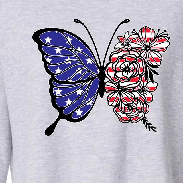 Floral Butterfly American Flag 4th Of July Meaningful Gift Cropped Pullover Crew