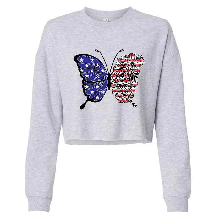 Floral Butterfly American Flag 4th Of July Meaningful Gift Cropped Pullover Crew