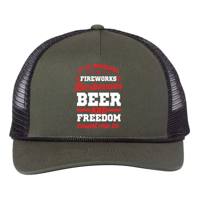 Fireworks Barbecues Beer And Freedom Funny 4th Of July Gift Retro Rope Trucker Hat Cap