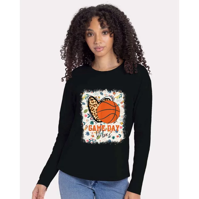 Floral Bleached Basketball Game Day Vibes Basketball Mom Womens Cotton Relaxed Long Sleeve T-Shirt