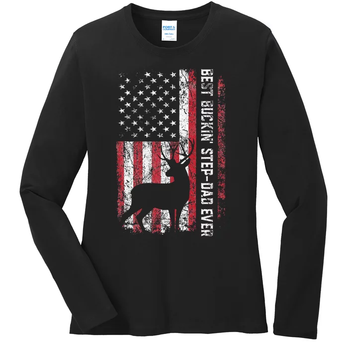 Flag Best Buckin Step Dad Ever Deer Hunting Fathers Day Ladies Long Sleeve Shirt