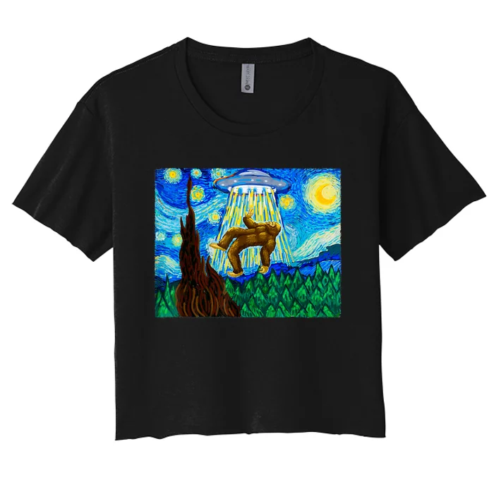 Funny Bigfoot Bigfoot Alien Funny Starry Night Women's Crop Top Tee