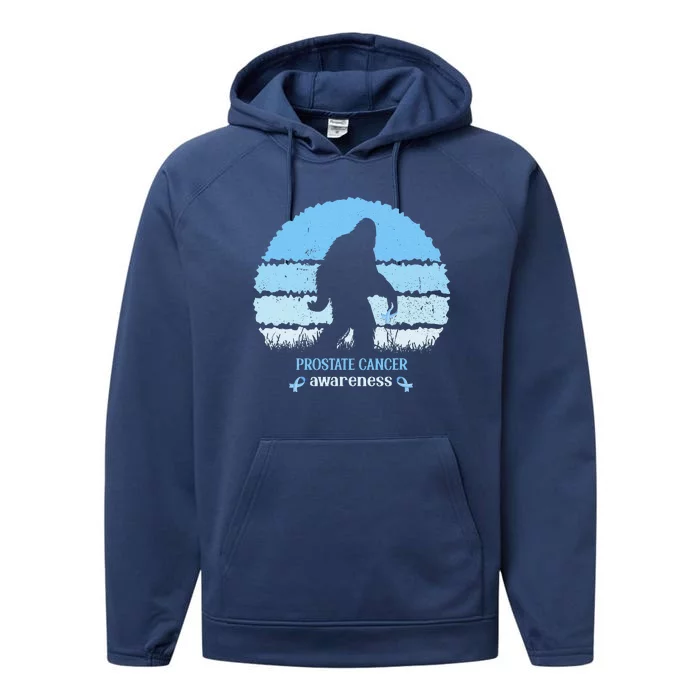 Funny Bigfoot Believe Prostate Cancer Awareness Blue Ribbon Performance Fleece Hoodie