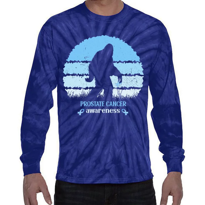 Funny Bigfoot Believe Prostate Cancer Awareness Blue Ribbon Tie-Dye Long Sleeve Shirt