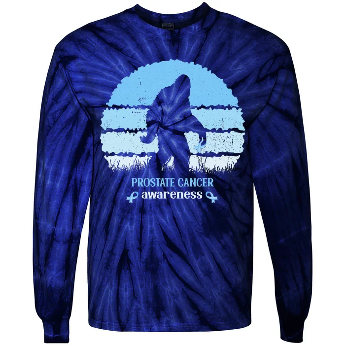 Funny Bigfoot Believe Prostate Cancer Awareness Blue Ribbon Tie-Dye Long Sleeve Shirt