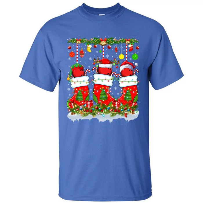 Funny Bowling Ball In Xmas Socks Lights Bowling Christmas Gift Tall T-Shirt