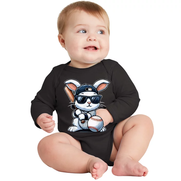 Funny Baseball Bunny Easter Baby Long Sleeve Bodysuit