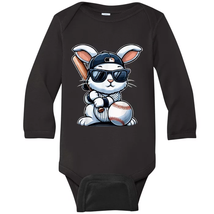 Funny Baseball Bunny Easter Baby Long Sleeve Bodysuit