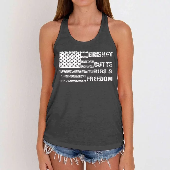 Funny Bbq Brisket Butts Ribs And Freedom Funny Grilling Women's Knotted Racerback Tank