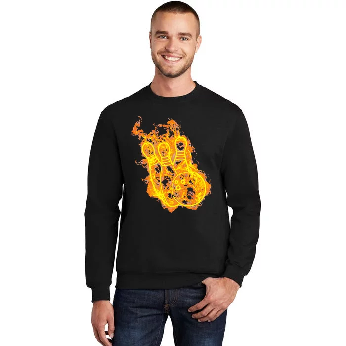 Fire Bowling Ball And Bowling Pins Flaming Bowler Tall Sweatshirt