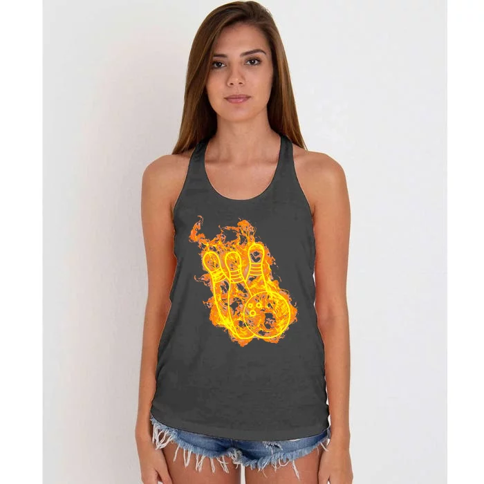 Fire Bowling Ball And Bowling Pins Flaming Bowler Women's Knotted Racerback Tank