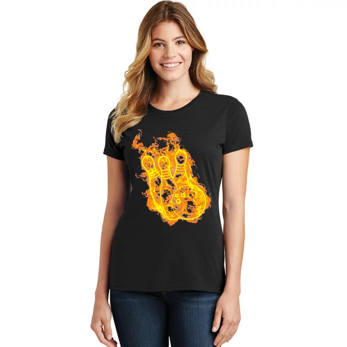 Fire Bowling Ball And Bowling Pins Flaming Bowler Women's T-Shirt