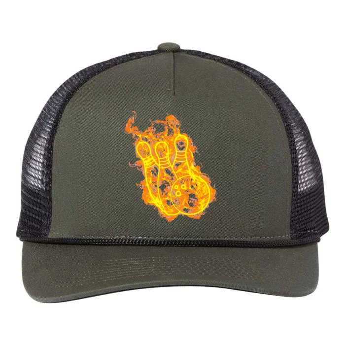 Fire Bowling Ball And Bowling Pins Flaming Bowler Retro Rope Trucker Hat Cap