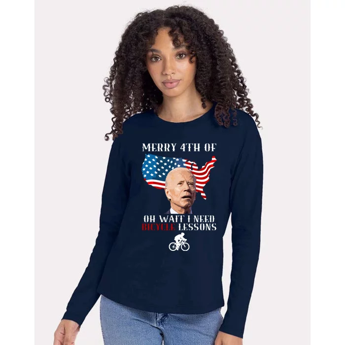 Funny Biden Bicycle Bike Lesson Merry 4th Of July Womens Cotton Relaxed Long Sleeve T-Shirt