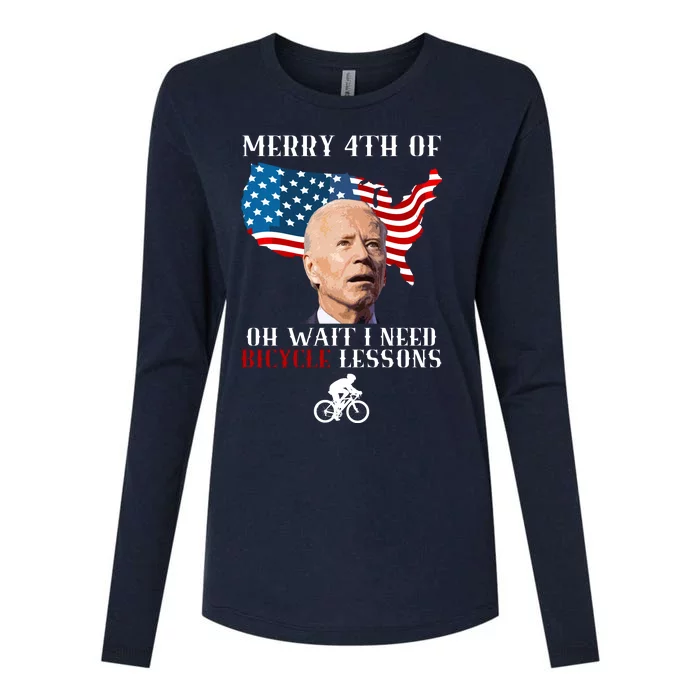 Funny Biden Bicycle Bike Lesson Merry 4th Of July Womens Cotton Relaxed Long Sleeve T-Shirt