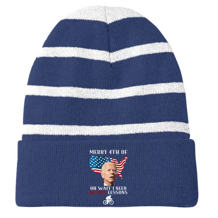 Funny Biden Bicycle Bike Lesson Merry 4th Of July Striped Beanie with Solid Band