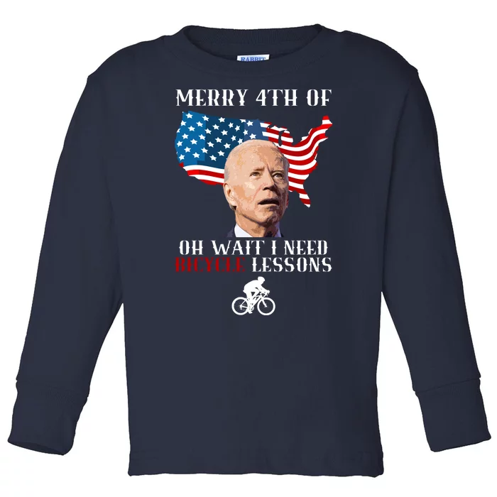 Funny Biden Bicycle Bike Lesson Merry 4th Of July Toddler Long Sleeve Shirt