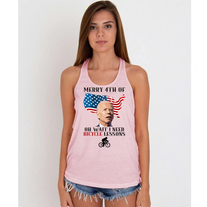 Funny Biden Bicycle Bike Lesson Merry 4th Of July Women's Knotted Racerback Tank