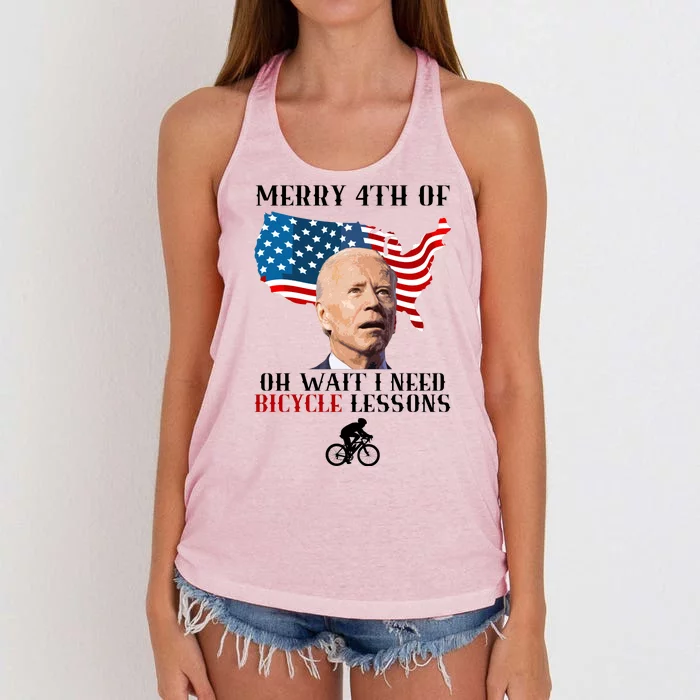 Funny Biden Bicycle Bike Lesson Merry 4th Of July Women's Knotted Racerback Tank