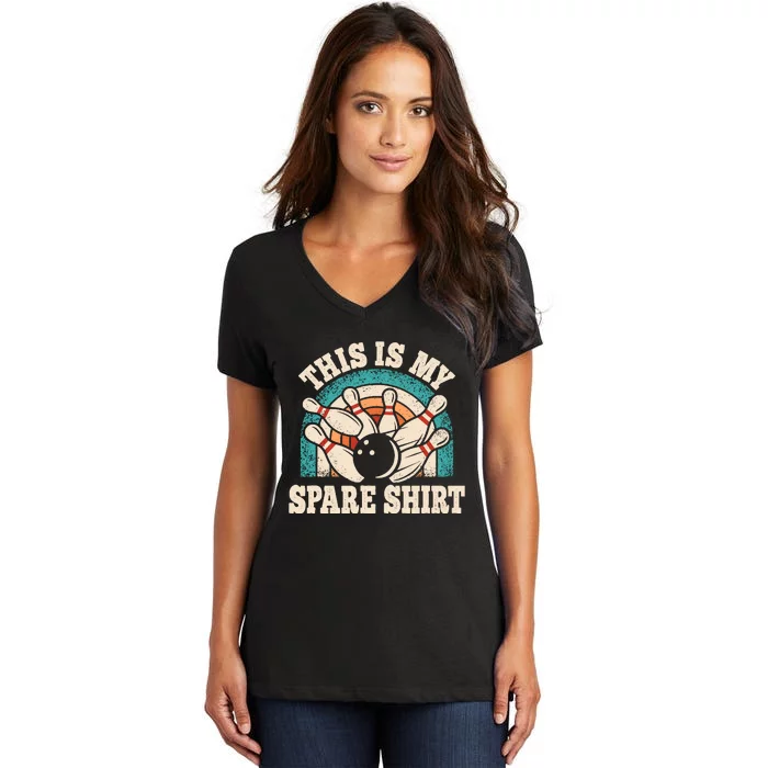 Funny Bowling Bowler Retro This Is My Spare Women's V-Neck T-Shirt