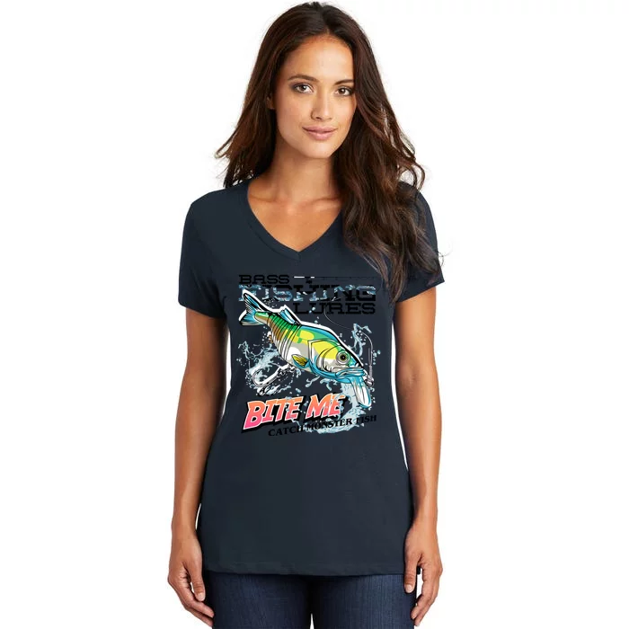 Funny Bass Bite Me Fishing Lures Women's V-Neck T-Shirt