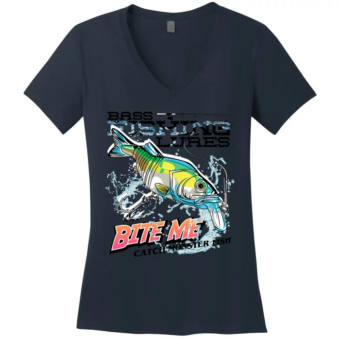 Funny Bass Bite Me Fishing Lures Women's V-Neck T-Shirt