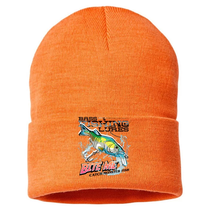 Funny Bass Bite Me Fishing Lures Sustainable Knit Beanie