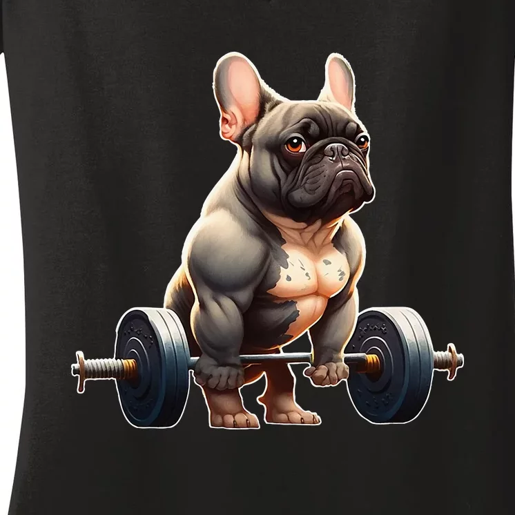 French Bulldog Bodybuilding Gym Frenchie Weightlifter Women's V-Neck T-Shirt