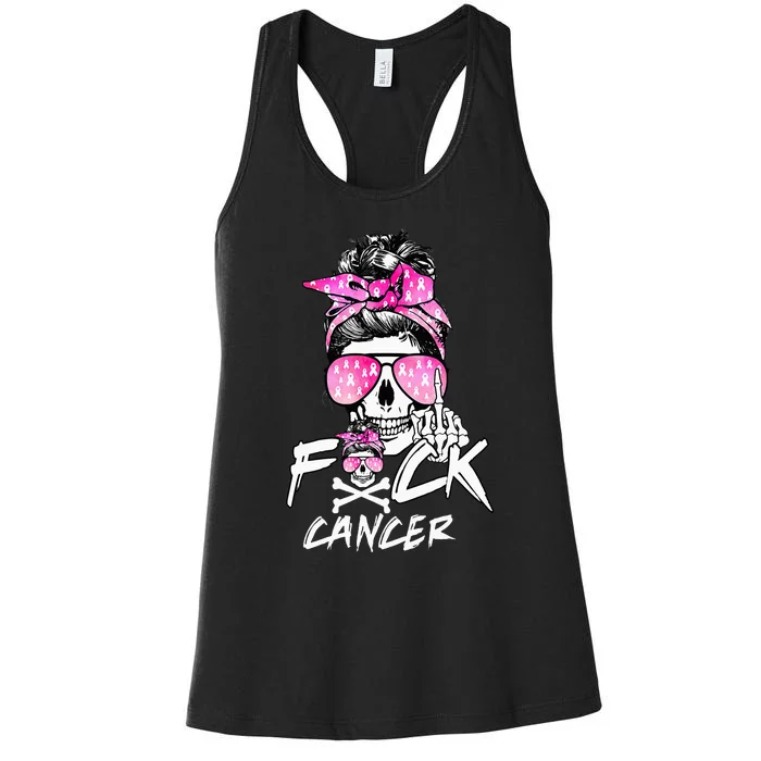 Fuck Breast Cancer Women Warrior Pink Ribbon Messy Bun Hair Women's Racerback Tank