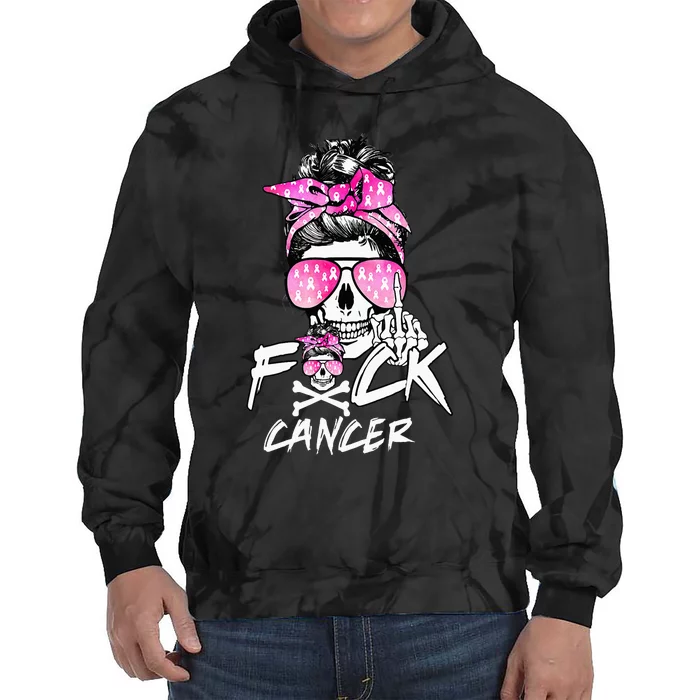 Fuck Breast Cancer Women Warrior Pink Ribbon Messy Bun Hair Tie Dye Hoodie