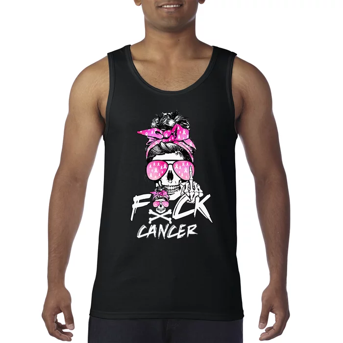 Fuck Breast Cancer Women Warrior Pink Ribbon Messy Bun Hair Tank Top