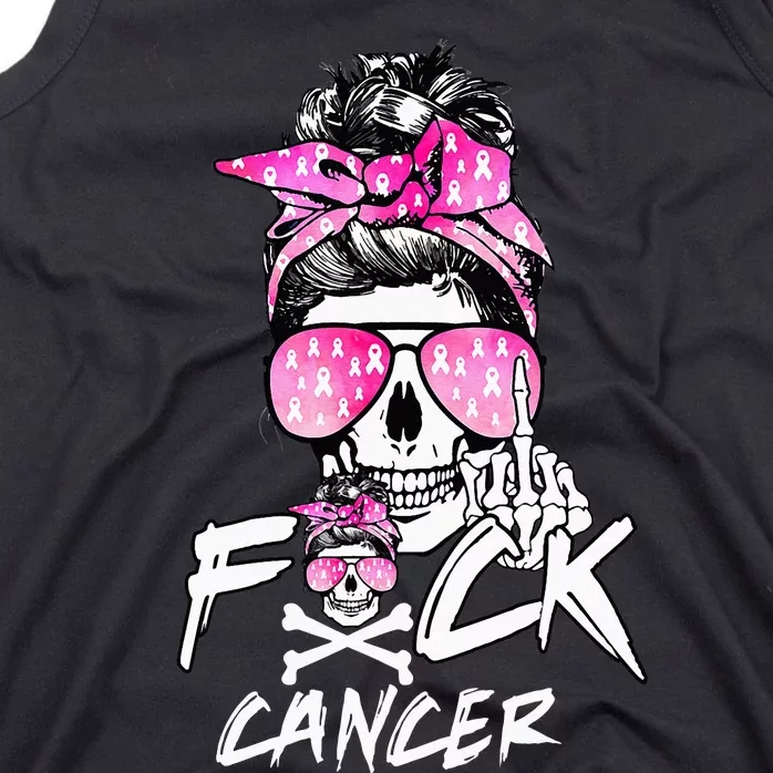 Fuck Breast Cancer Women Warrior Pink Ribbon Messy Bun Hair Tank Top