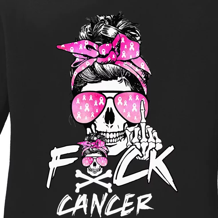 Fuck Breast Cancer Women Warrior Pink Ribbon Messy Bun Hair Ladies Long Sleeve Shirt