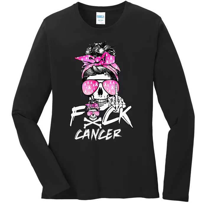 Fuck Breast Cancer Women Warrior Pink Ribbon Messy Bun Hair Ladies Long Sleeve Shirt