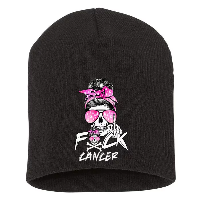 Fuck Breast Cancer Women Warrior Pink Ribbon Messy Bun Hair Short Acrylic Beanie