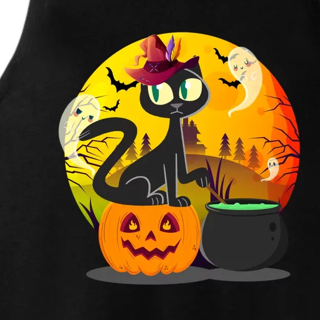 Funny Black Cat Full Moon With Witch Hat Halloween Costume Gift Ladies Tri-Blend Wicking Tank