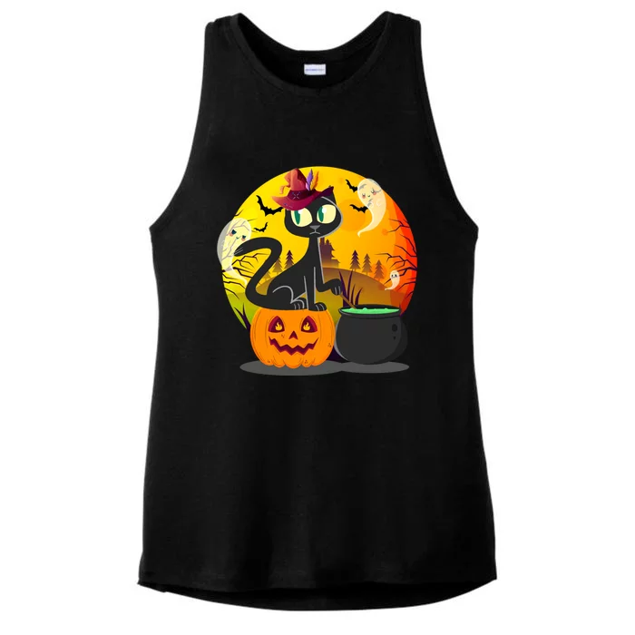 Funny Black Cat Full Moon With Witch Hat Halloween Costume Gift Ladies Tri-Blend Wicking Tank